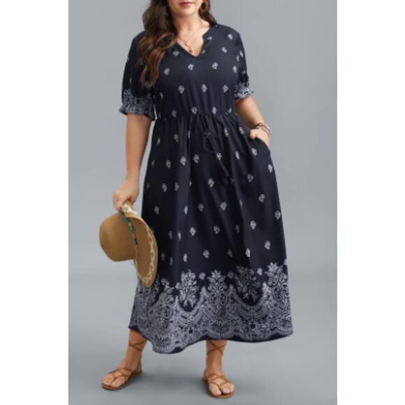 BLOOMCHIC 18-20 2X Plus Blue Floral Waist-Tie Notched Collar Midi Dress NWT B102 - Picture 1 of 11